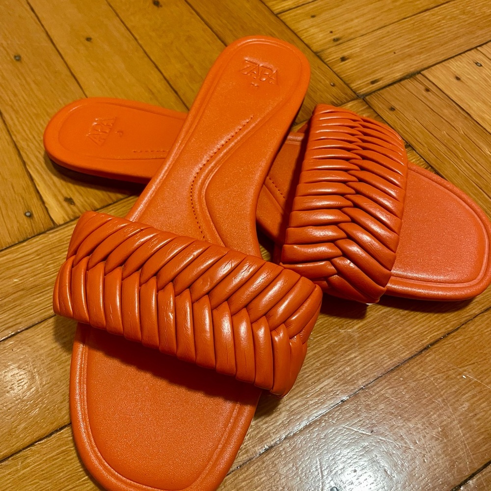 Zara Vibrant Orange Woven Slide Sandals